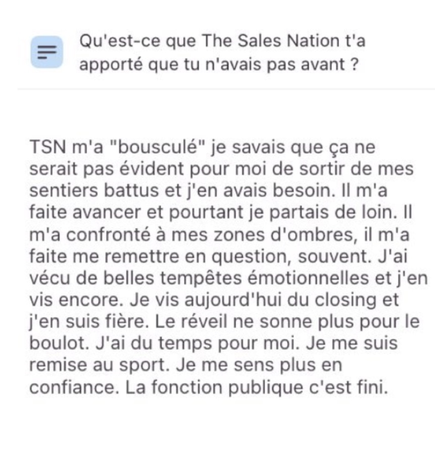 Message : vit aujourd'hui de la vente et a quitté la fonction publique.